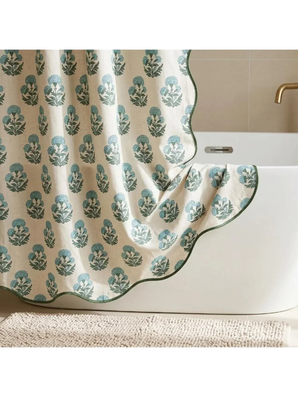 Scalloped Block Print Shower Curtain Set with 12 Hooks - Stylish Bathroom Decor